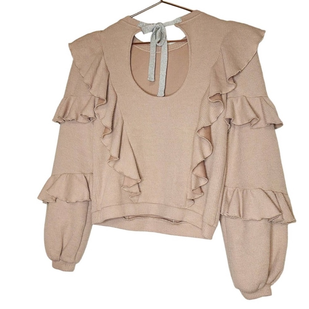 Saylor Avian Light Pink Ribbed Cascade Ruffle Tie Back Sweater Size Extra Small - Picture 2 of 8